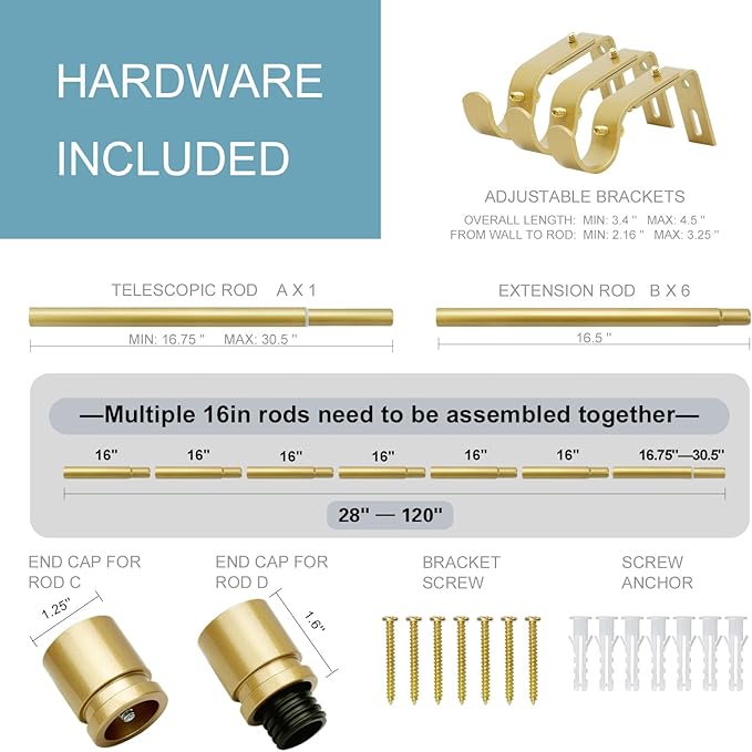 Curtain Rods for Windows 16 to 120 Inches Adjustable Length 1 Inch Diameter Window Curtain Rod with Aluminium Finials, Flash Gold