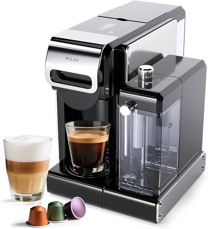 PULZO Espresso Machine with Integrated Automatic Milk Frother, capsule coffee maker for K*cup capsule/Ne*s Original/ground coffee, One Touch Latte & Cappuccino
