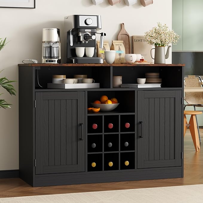 MHOM Farmhouse Buffet Cabinet with Prower Outlets, Rustic Sideboard Buffet with Wine Rack, Wooden Buffet Table for Dining Room, Antique Black