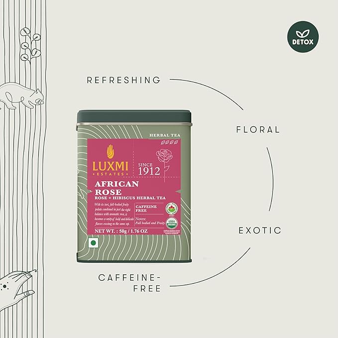 Luxmi Estates - African Rose - Organic Hibiscus Rose Tea - Loose Leaf - 50g (25 Cups) | With Soothing Rose and Hibiscus | Great for Skin DeTox - Supports a Healthy Glow
