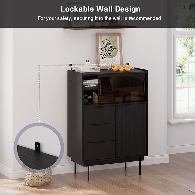 MEISSALIVVE Sideboard Cabinet, 31.5" x 45" Buffet Cabinet with Storage, Black Sideboard with 2 Sliding Doors & 3 Drawers, Coffee Bar Modern Entryway Storage for Living Room, Bedroom, Kitchen