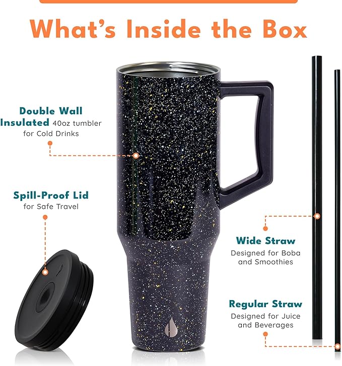Elemental 40 oz Tumbler with Handle and Straw - Spill Proof Insulated Stainless Steel Commuter for Hot and Cold Beverages - Travel Coffee Mug with 2 Straws & Spill Proof Lid - 40oz - Black Speckle