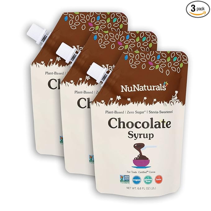 NuNaturals Stevia Syrup, Sugar-Free Sweetener, Plant-Based Sugar Substitute, Zero Calorie, Sugar-Free Syrup, Chocolate, 6.6oz (3-Pack)