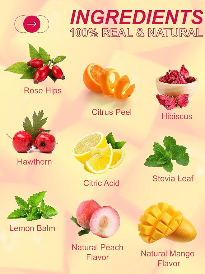 TeeLux Mango Peach Iced Tea, Rosehips Tea with Hibiscus & Chamomile & Lemon Balm, Refreshing Tart & Sweet Taste, Caffeine Free, 100 Count