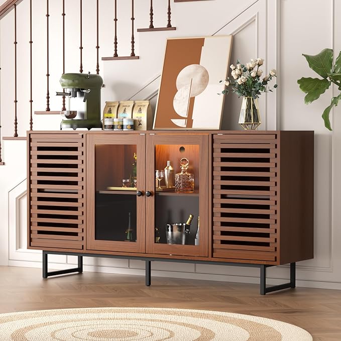 Vabches Mid Century Modern Sideboard Buffet Cabinet with LED Lights, Unique Slatted & Tempered Glass Doors, 58.3" Credenza Storage Cabinet for Kitchen, Dining, Living Room, Entryway, Walnut