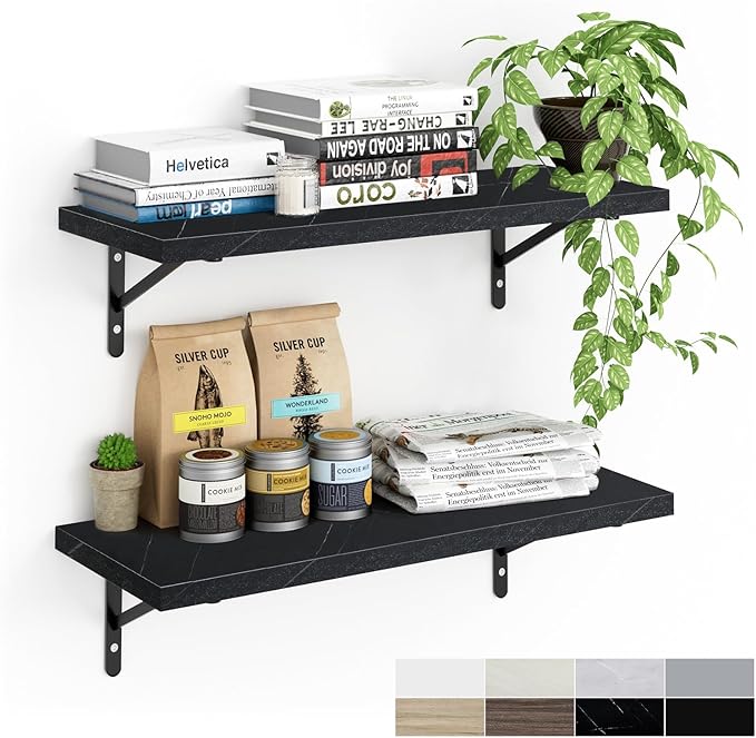 Kaboon 27 inch Long 10 inch Deep Floating Shelves for Wall Set of 2, Large Open Shelves Wall Mounted, Space Saving Home and Commercial Use, Cloud Atlas/Black Marble