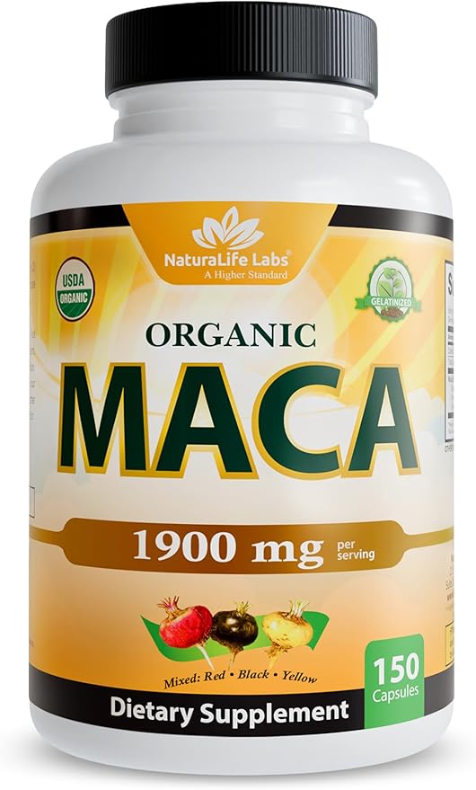 NaturaLife Labs Organic Maca Root – Black, Red & Yellow – 1900 mg per Serving – 150 Capsules – Gelatinized Peruvian Maca – Non-GMO, Gluten-Free, Vegan
