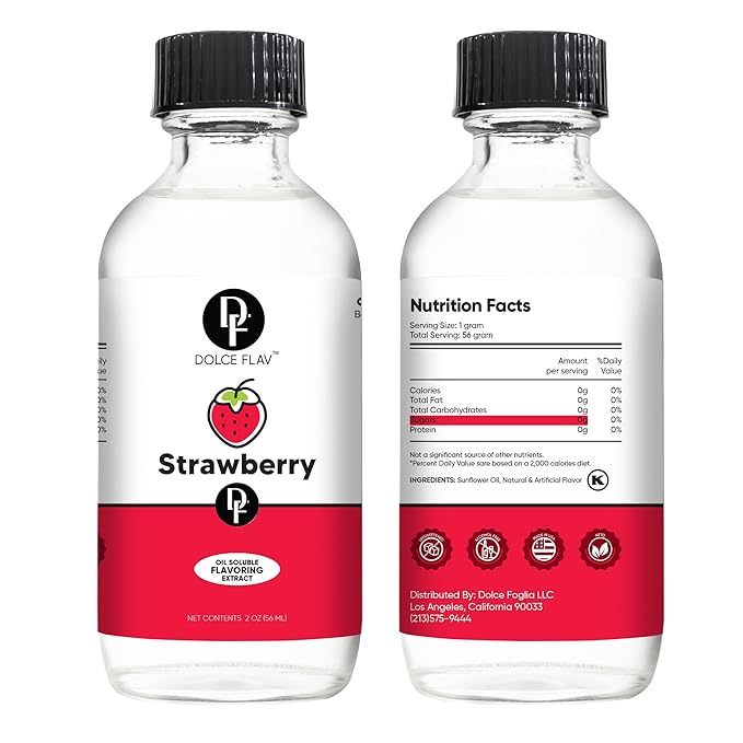Dolce Flav Strawberry Extract – 2 Ounce Oil-Soluble Kosher, Sugar-Free, Concentrated Berry Flavor for Candy, Chocolates & Desserts, Includes Measured Dropper, Pack of 2