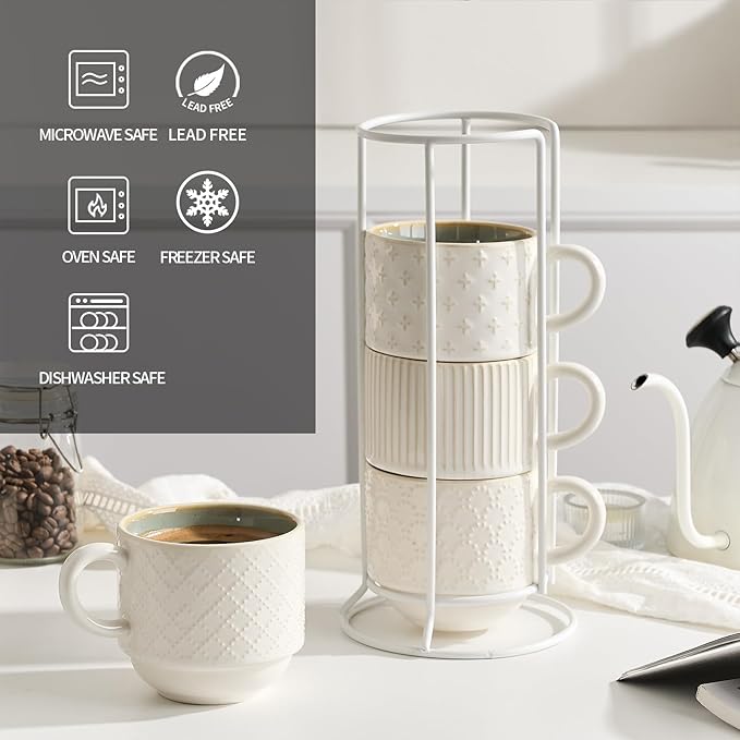 JIEMEI HOME Large Ceramic Coffee Mug Set of 4 with Stand, 15 Oz Stackable Different Embossment Ribbed Latte Cup Set for Cappuccino, Tea, Hot Cocoa, Drinks - Dishwasher & Microwave Safe, White & Green