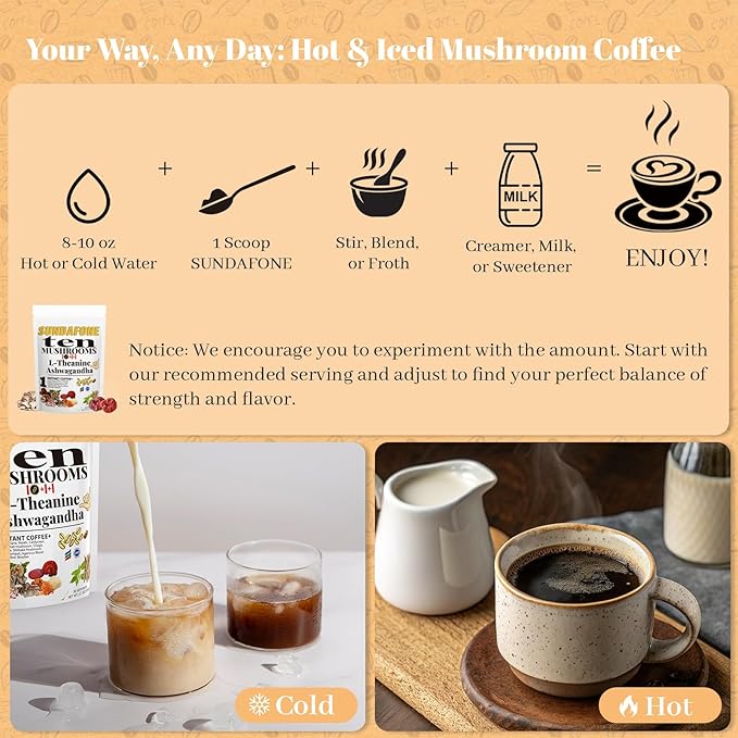 SUNDAFONE Mushroom Coffee with L-Theanine, Ashwagandha,Lion's Mane, Reishi and 10 Adaptogenic Mushrooms; Super Instant Cold Brew Protein Iced Coffee Blend; 0g of Sugar, Low Caffeine, 30 Servings