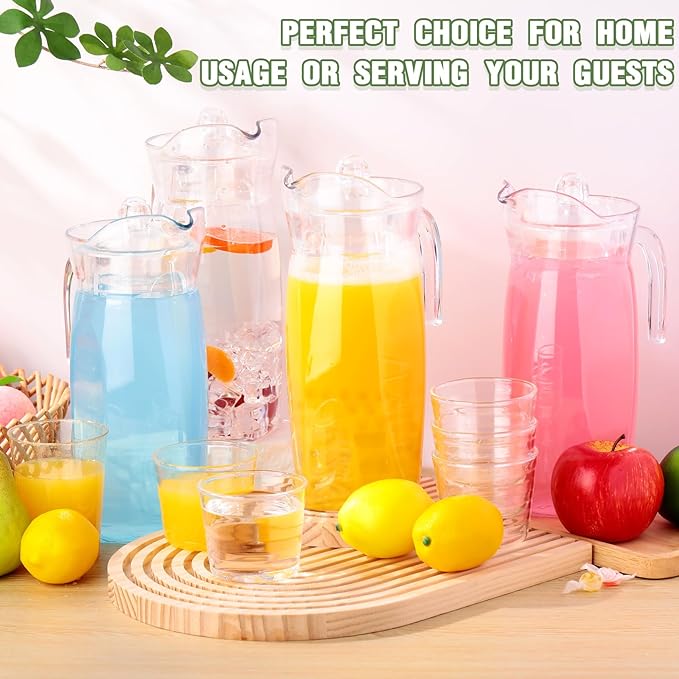 4 Pcs Acrylic Water Pitcher with Lid, Spout Handle Clear Plastic Pitcher Heat Resistant Carafe Unbreakable Beverage Container Fridge Jug for Juice Ice Tea Sangria Lemonade(44 oz,Diamond)