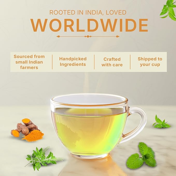 Turmeric Tulsi Tea Bags (50 Count), Green Tea with Turmeric & Peppermint, Stress Relieving, Low Caffeine Gluten Free, Whole Loose-Leaf Pyramid Tea Bags