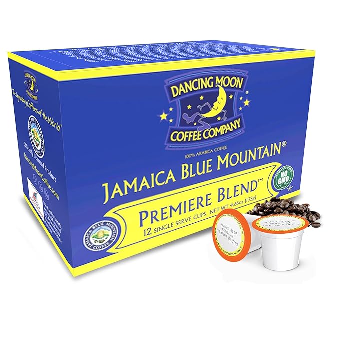 Dancing Moon Coffee Pods - Premiere Blend Jamaica Blue Mountain Coffee Beans, Medium Roast, Compatible with Keurig KCup Brewers, Small-Batch Crafted