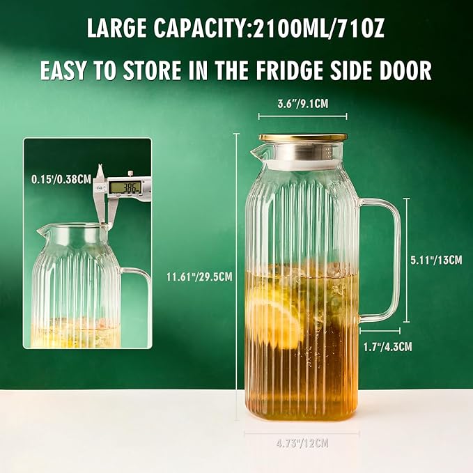 GLASKEY 2.1 Liter 71oz Square Glass Pitcher with Lid, Classic Stripes Water Pitchers with Handle for Fridge, Leak Proof Juice Jug, Borosilicate Glass Carafe for Hot/Cold Brew Drink