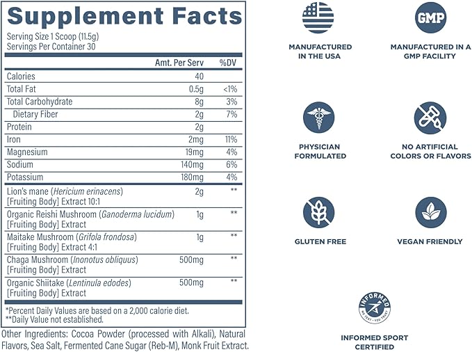 Revive MD Mushroom Powder, Chocolate - Mushroom Supplement Supports Focus, Cognitive, Immune & Brain Health with a Blend of Lion's Mane, Reishi, Chaga, Shiitake & Maitake - Gluten-Free (30 Servings)
