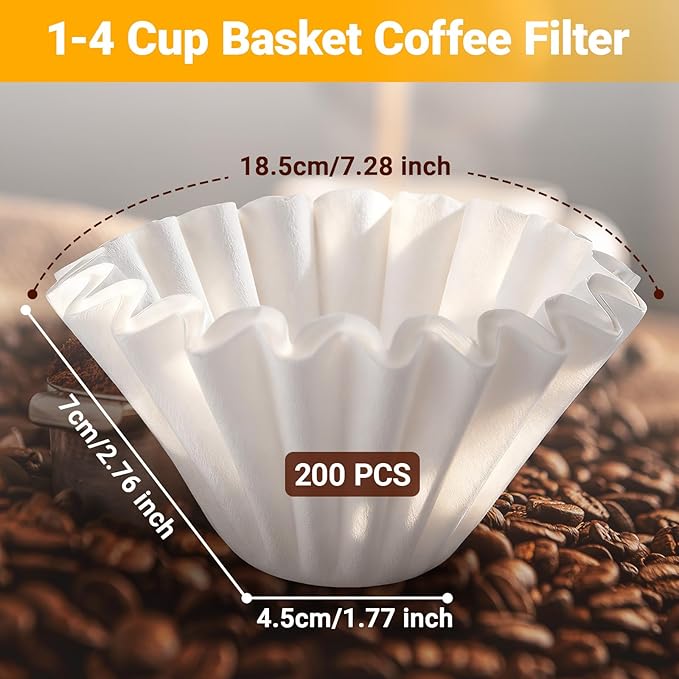 Segarty 200 Count 1-4 Cup Disposable Coffee Paper Filters, 7.2in White Basket Style Coffee Filters Ideal Bar Accessories for Pour Over Maker Coffee Brewer Dripper Machine for Home Cafeteria Office Use