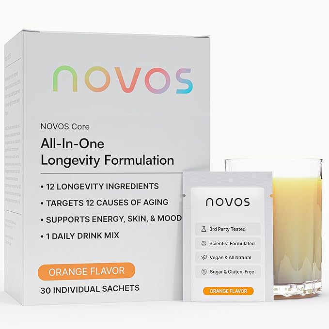 NOVOS Core Longevity Mix, Anti-Aging Supplement, Drink Powder Packet Orange Flavor - Skin Support, Energy, Mood, Sleep and Cognition Support - 30 Servings