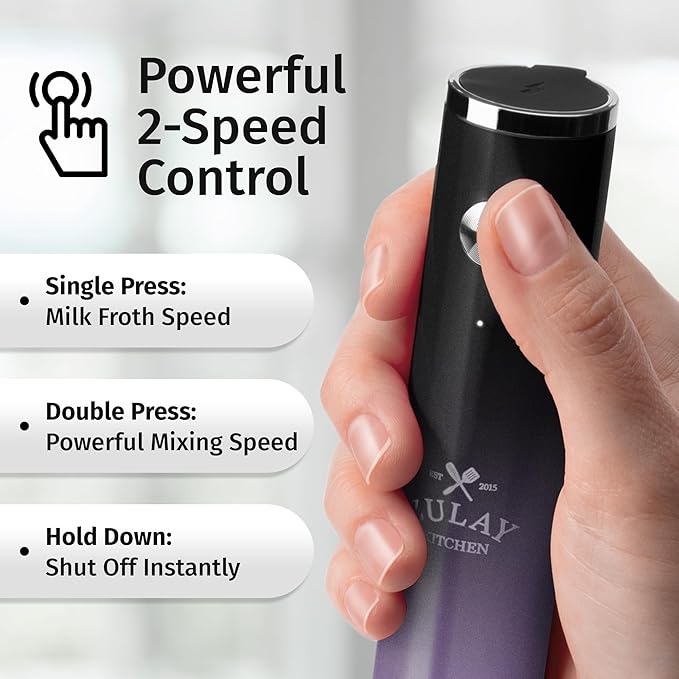 Zulay Kitchen Lux Electric Milk Frother Rechargeable Handheld - Powerful 2-Speed Motor, Waterproof, 2000mAh Battery - Lux Coffee Frother for Protein Powder, Drink Mixer Wand & Matcha Mixer