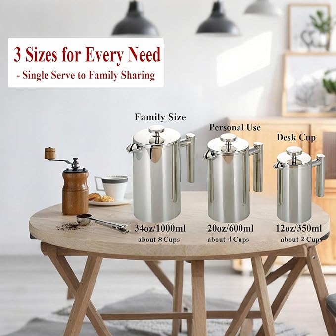 French Press Coffee Maker, 12 Oz Stainless Steel, Triple Mesh Filter, Double Wall Insulated, for Coffee & Tea, Portable for Home, Office, Camping & Travel