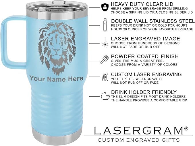 LaserGram 20oz Vacuum Insulated Travel Mug with Handle, Sushi, Personalized Engraving Included (Light Blue)