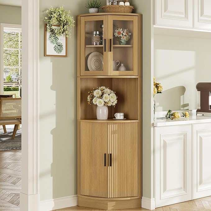 64.9" Tall Corner Cabinet, Modern Fluted Storage Cabinet with Glass Door and 5 Storage Shelves, Space Saver for Kitchen, Bathroom, Living Room, Natural