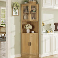 64.9" Tall Corner Cabinet, Modern Fluted Storage Cabinet with Glass Door and 5 Storage Shelves, Space Saver for Kitchen, Bathroom, Living Room, Natural