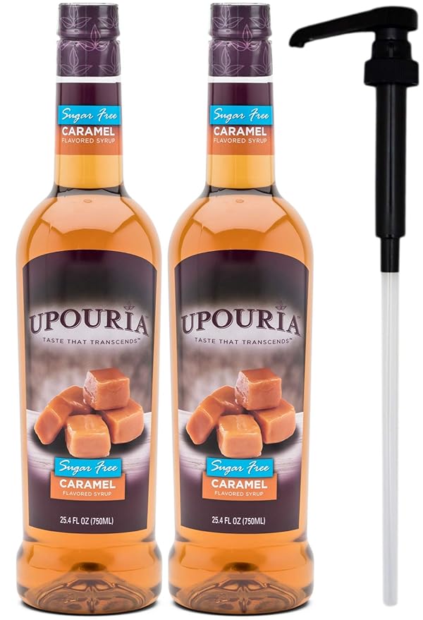 Upouria Sugar-Free Caramel Coffee Syrup Flavoring, 100% Vegan, Gluten-Free, Kosher, Keto, 750 mL Bottle (Pack of 2) with Coffee Syrup Pump