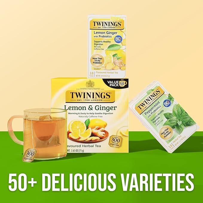 Twinings Superblends Probiotics+ Lemon & Ginger Flavoured Herbal Tea with Turmeric, Naturally Caffeine-Free, 18 Tea Bags (Pack of 6), Enjoy Hot or Iced, 108 Teabags