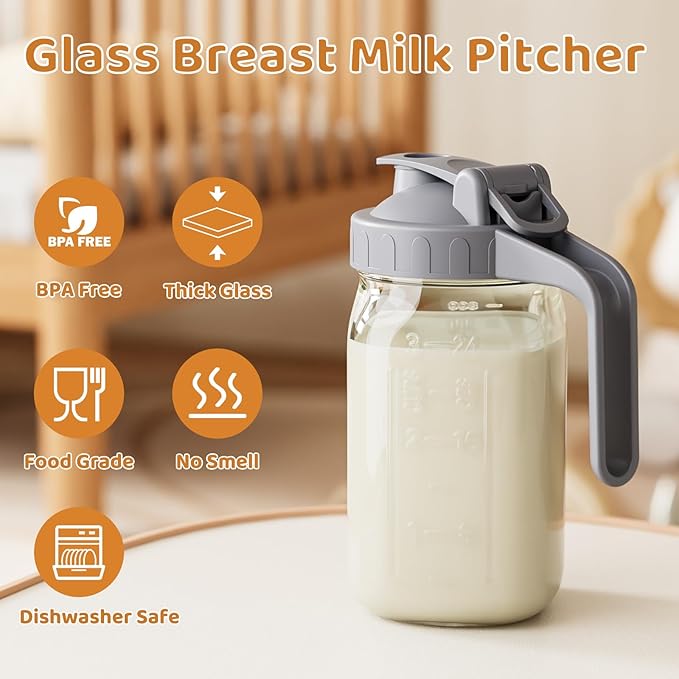 Breast Milk Pitcher, Mason Jar 32 oz, Heavy Duty Wide Mouth Jar with Flip Cap Lid and Pour Spout - Airtight Seal for Freshness and Convenience - Great for Cold Beverages, and Home Entertaining
