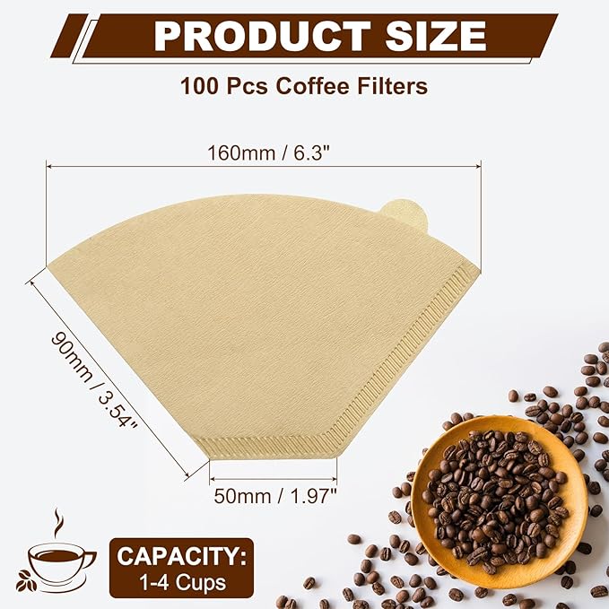 uxcell 100Pcs Coffee Filters, Disposable Fan-Shaped Paper Filter for 1-4 Cups, Suitable with Home Office Use and Drip Coffee Maker, Wood Color(U1O2)