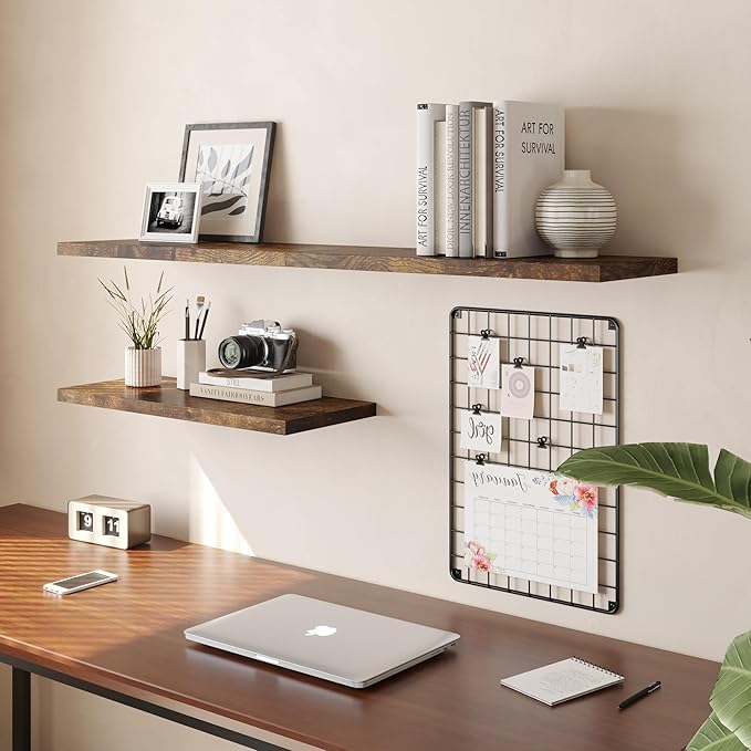 Wall Shelf Set of 3, Rustic Brown Floating Shelves 24 in W x 10 in D x 1 in H, Wooden Floating Wall Shelf with Invisible Brackets for Living Room/Bedroom/Bathroom/Kitchen Storage and Decor