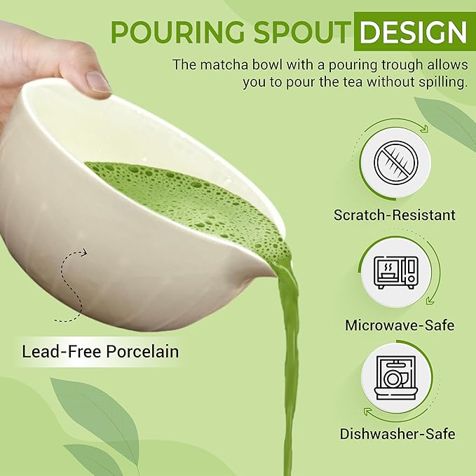 Matcha Whisk Set with Matcha Bowl - Matcha Set Included Electric Frother, Bamboo Whisk, Matcha Spoon, Bamboo Holder, Sifter, Spoon Stand (Simple White)