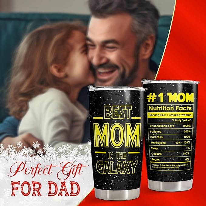 34HD Best Mom In The Galaxy Tumbler with Lid, 20oz Stainless Steel Mama Coffee Mug with Nutrition Facts, Star Inspirational Gifts from Son Daughter, Mom Gifts for Birthday, Mothers Day, Christmas