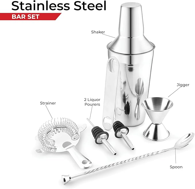AVADOR® Premium 7-Piece Stainless Steel Bar Set - Complete Cocktail Shaker & Bartending Tools for Home Entertaining | Includes Gift Box (7)