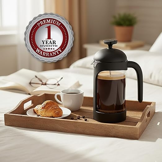 OVENTE French Press Coffee Maker 12 Ounce with Heat Resistant Borosilicate Glass & Stainless Steel 4-Level Filtration System, Portable Cold Brew Coffee Maker for Travel, Camping or Gift, Black FPB12B