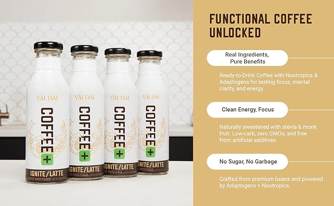 Vai Dai Coffee Black 12-pack, Lightly Sweetened, Ready-to-Drink, Functional, Adaptogens & Nootropics for Energy, Focus & Mental Clarity, with Lion’s Mane, Ashwagandha, Mushrooms & Cordyceps, Gluten-Free, Non-GMO. VaiDai