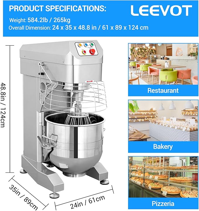60Qt Commercial Food Mixer, Commercial Dough Mixer 3000W 3-Speed Adjustable, Heavy Duty Electric Stand Mixer with Stainless Steel Bowl for Kitchenaid and Pizzeria, 220V