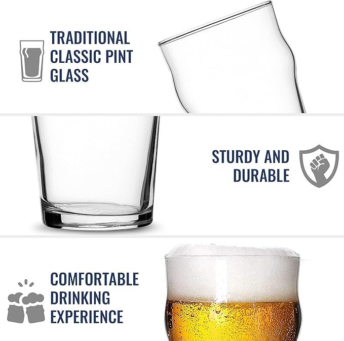 Bormioli Rocco Nonix Set Of 4 20 Oz Pint Glasses | British Pub Style Beer Glasses | Easy Stacking in The Cupboard | Premium Craft Beer Glasses Made In Spain