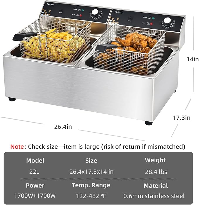 Commercial Deep Fryer with Basket, 3400w 19.7Qt Oil Tank/ 8.9Qt Basket x 2, 0.6mm Thickened Stainless Steel Countertop Electric Fryer for Home Use, Oil Fryer with Double Overheat Protection