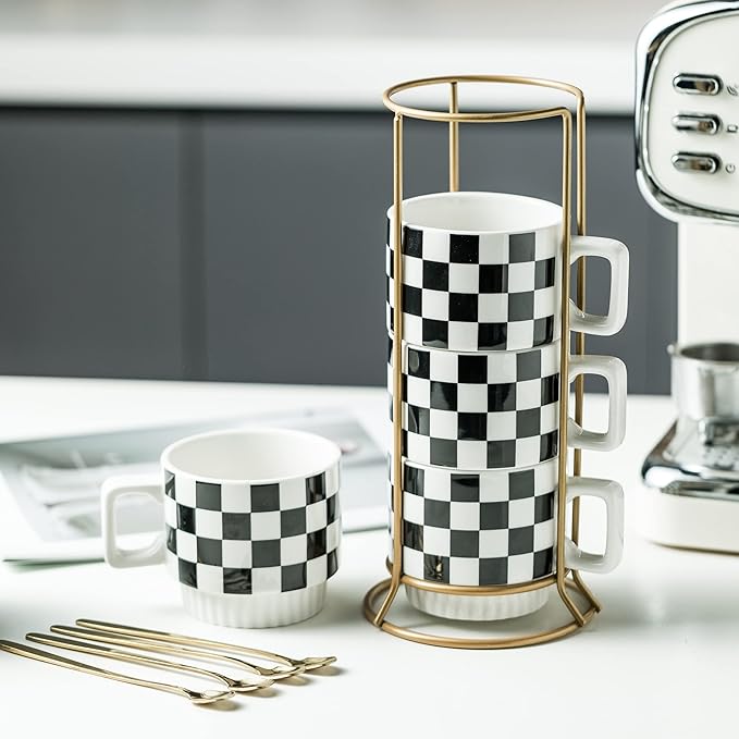 Stackable Coffee Mug Set of 4 with Rack 11 oz Tea Cup Set with Little Spoon for Coffee Tea Cocoa Milk, Checkered Black and White Pattern Coffee Mug for Housewarming Gift