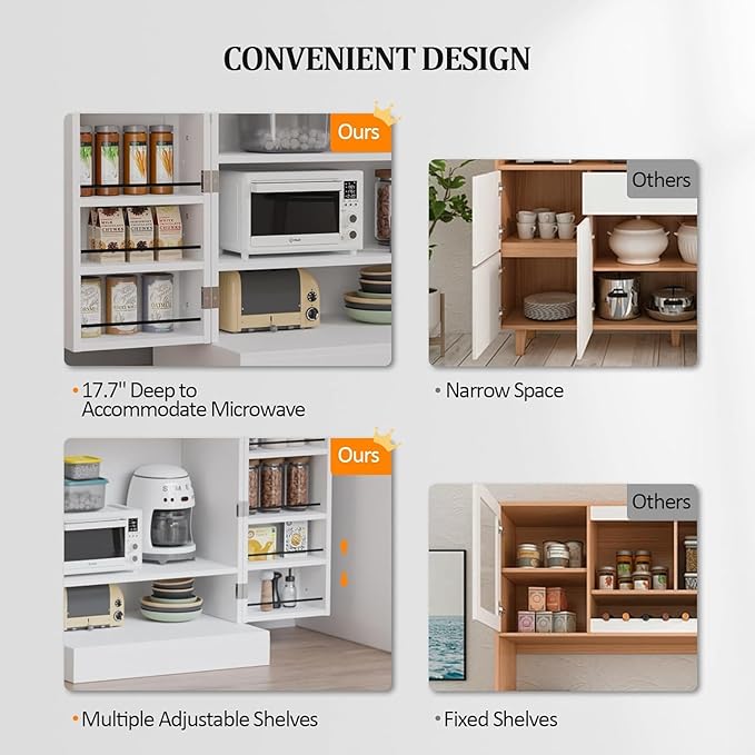 VINGLI Pantry Cabinet, 40.5" H Food Storage Freestanding Cupboard for Small Space in Dining Room, Living Room, White Kitchen Storage Cabinet with 2 Doors and Adjustable Shelves