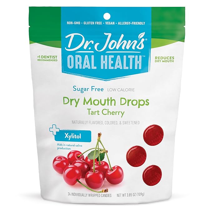 Dr. John's Healthy Sweets Tart Cherry Dry Mouth Drops with Zero Sugar, Dye Free, Plant Based, Keto Friendly, 24 Count, 3.85oz Bag