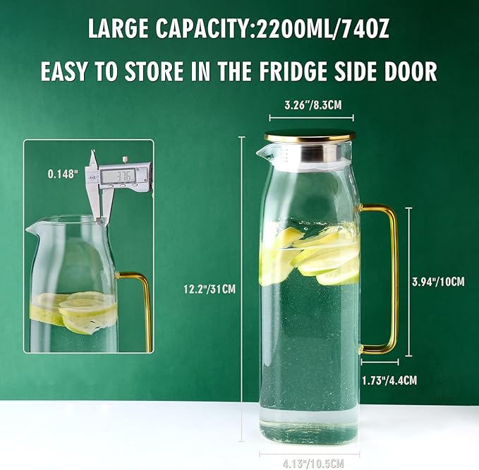 GLASKEY 74oz Square Glass Pitcher with Lid and Handle for Fridge,Borosilicate Glass Carafe for Hot or Cold Drink, Large Jug for Iced Tea,Coffee,Juice,Homemade Beverage (Gold)