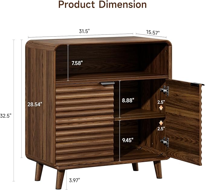 31.5" Sideboard Buffet Cabinet with Storage, Curved Sideboard with 2 Wave Doors and Angled Side Frame, Small Storage Cabinet with Adjustable Shelves, Coffee Bar Cabinet for Dining Room, Walnut
