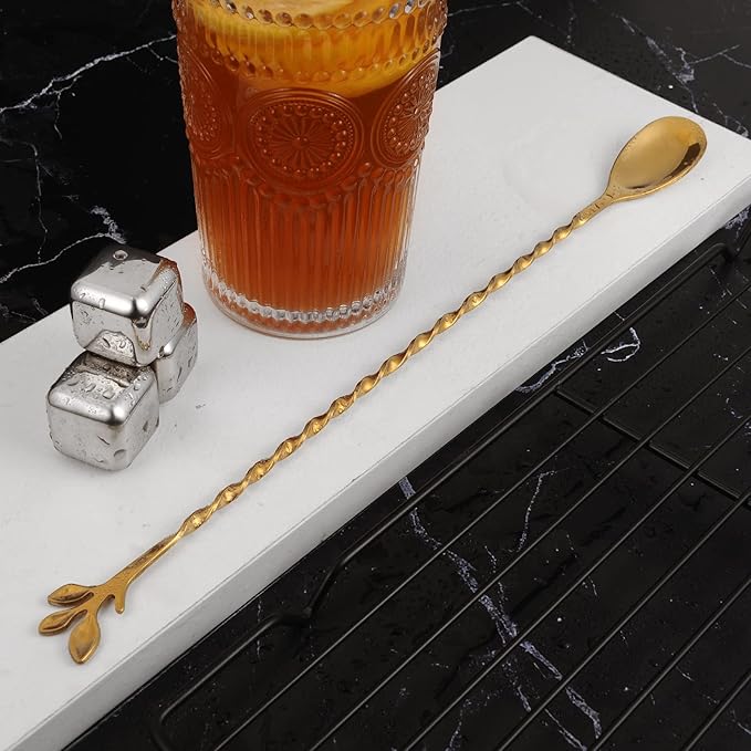 AnSaw Gold 12-Inch Stainless Steel Cocktail Spoon with Leaf Handle - Perfect for Mixing & Layering Drinks in Tall Cups, Bar & Shakers - Durable Long Handle Bar Stirrer,1-Pieces