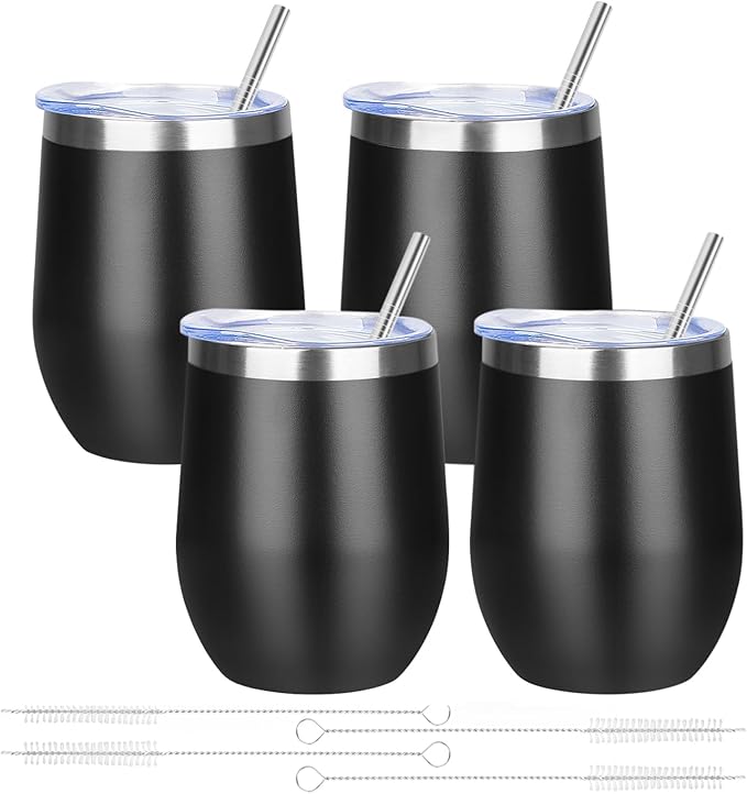 12oz/4 Pack Wine Tumbler Glasses with Lid Stemless Double Wall Vacuum Stainless Steel Travel Tumbler Keeping Cold & Hot for Wine,Coffee,Cocktails,Drinks-Family and Gifts (Black)