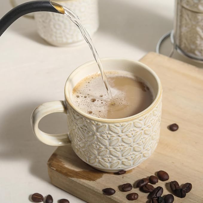 6 Oz Coffee Cups Set of 4, Stackable Coffee Mugs with Stand, Ceramic Cappuccino Cup, Embossed Espresso Cups for Latte, Tea, Cocoa, Mocha, Housewarming Present, Dishwasher Safe