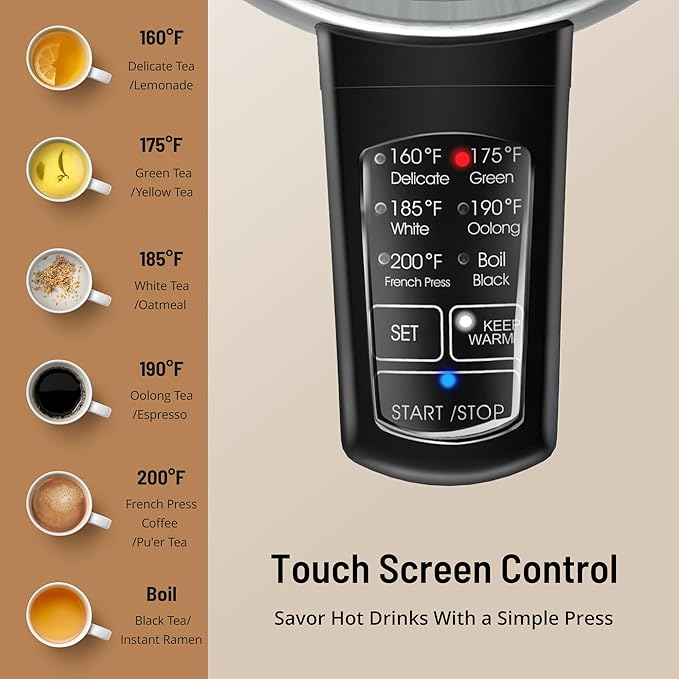 Electric Kettle Temperature Control, 1.7L Stainless Steel Tea Pot, Hot Water Boiler with LED Light,1500 Watts for Fast Heat Up, Strix Thermostat, Auto Shut-Off, Boil-Dry Protection, Keeping Warm