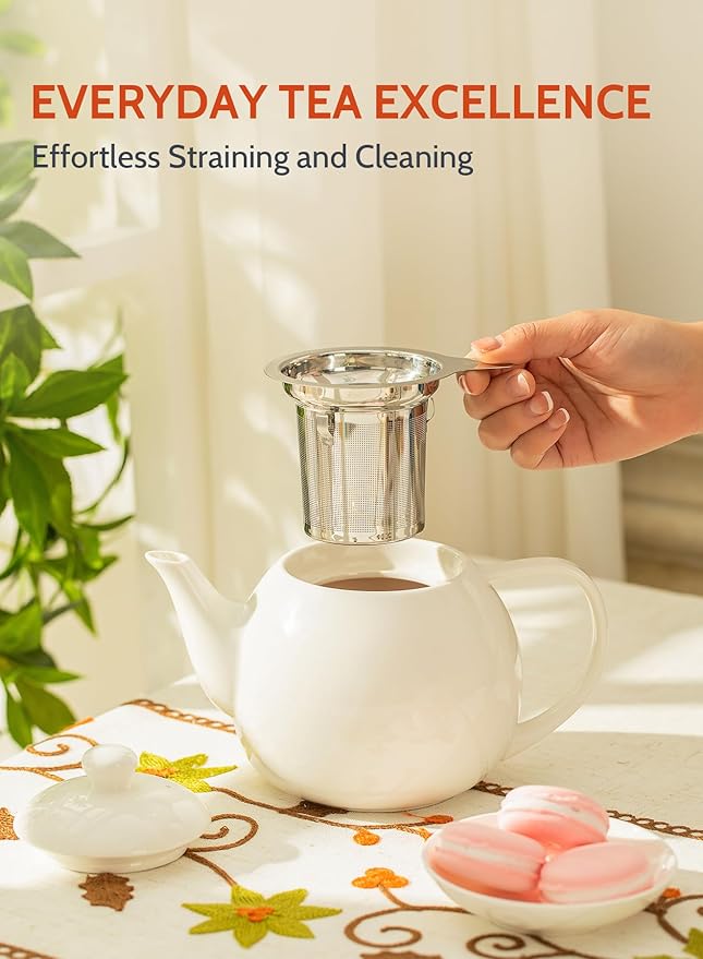 Sweese Teapots for Tea, 27 oz Porcelain Tea pot with Removable Stainless Steel Infuser, Tea Pots for Loose Tea - White