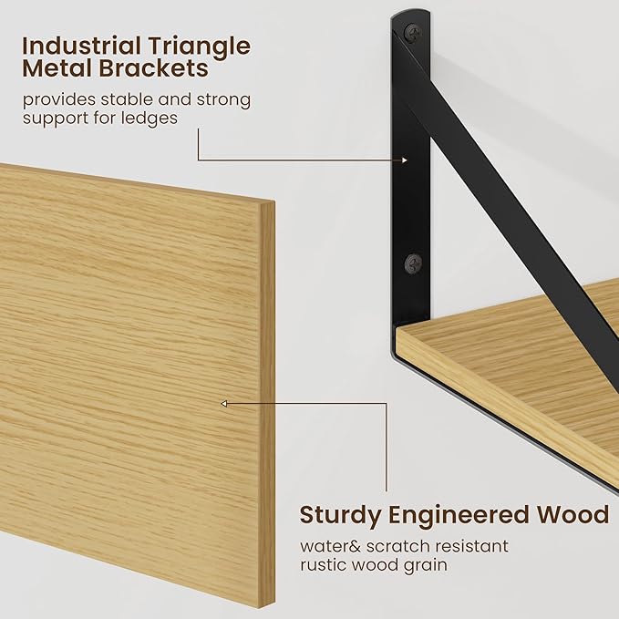 Fun Memories Floating Shelves for Wall, 12 Inch Deep Floating Shelves Set of 2, 36W x 12D Large Wall Shelf with Sturdy Metal Brackets for Living Room, Bathroom, Bedroom and Kitchen, Oak